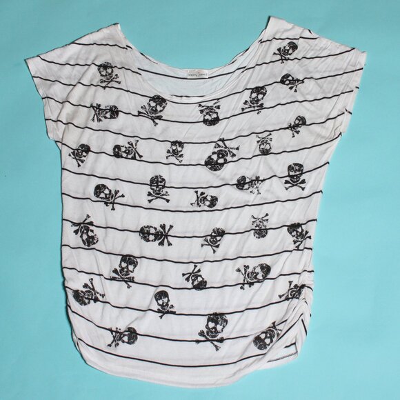 Black and White Striped Skull Bones Shirt Off Shoulder - Picture 1 of 5